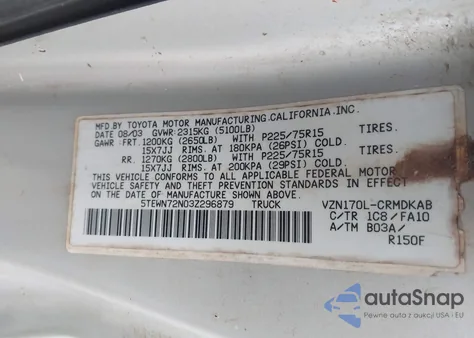 2003 Toyota Tacoma Base V6 from USA, damaged, VIN 5TEWN72N03Z296879